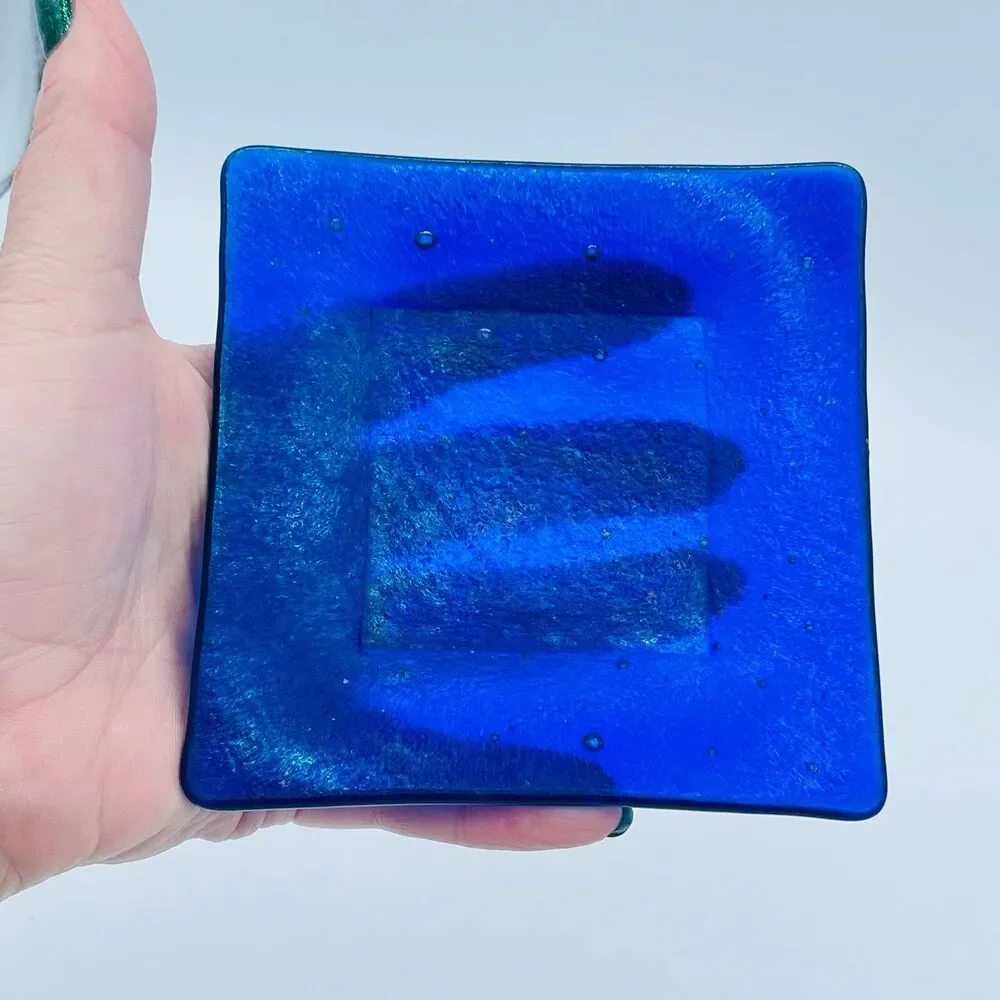 Dichroic Cobalt Blue Fused Glass Square Dish - Iridescent Rainbow Trinket Tray